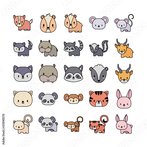 set of icons animals baby kawaii, line and fill style icon