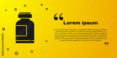 Black Sports nutrition bodybuilding proteine power drink and food icon isolated on yellow background. Vector Illustration