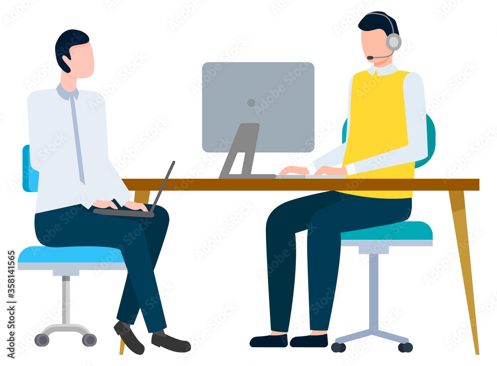 Office workers vector, isolated people working on business project development. Man using laptop wearing headphones. Meeting company brainstorming illustration in flat style design for web, print