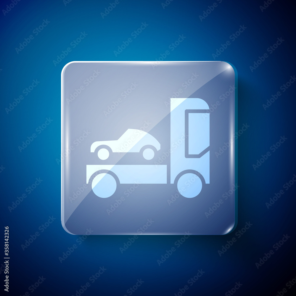 White Car transporter truck for transportation of car icon isolated on blue background. Square glass panels. Vector Illustration White Car transporter truck for transportation of car icon isolated on blue background. Square glass panels. Vector Illustration
