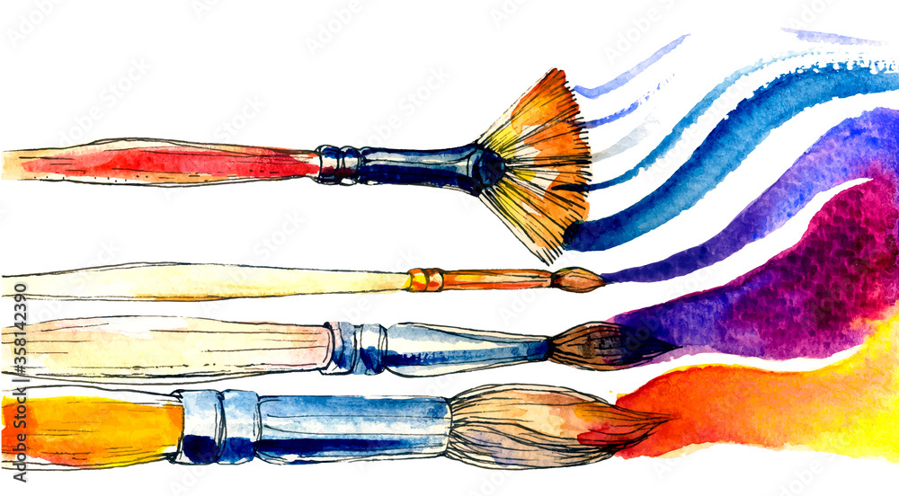 Watercolor brushes on white backdrop. Colorful art vector set