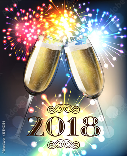 2018 New Year Midnight shining background with toasting champagne glasses with fireworks background. Blur flare banner with two glass. Vector stock illustration