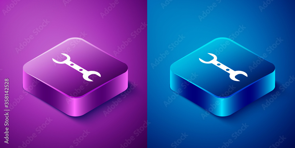 Isometric Wrench spanner icon isolated on blue and purple background. Square button. Vector Illustration Isometric Wrench spanner icon isolated on blue and purple background. Square button. Vector Illustration