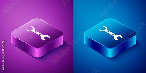 Isometric Wrench spanner icon isolated on blue and purple background. Square button. Vector Illustration