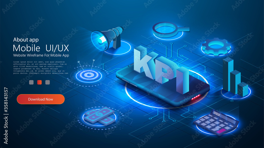 KPI business performance strategy and analysis. Provides the main points of the KPI Can use for web banner, infographics. Flat 3d isometric vector illustration isolated on blue background 