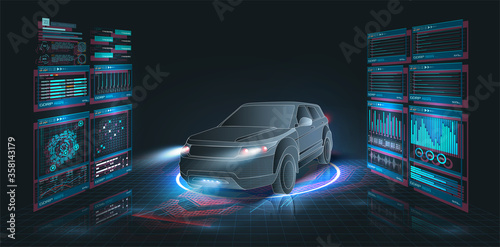 Modern Design car service in style HUD, UI, GUI, UX. Diagnostic auto infographic. Virtual graphical interface auto scanning, analysis and diagnostics, autoscann. Hologram of the car. Scans the road. 3