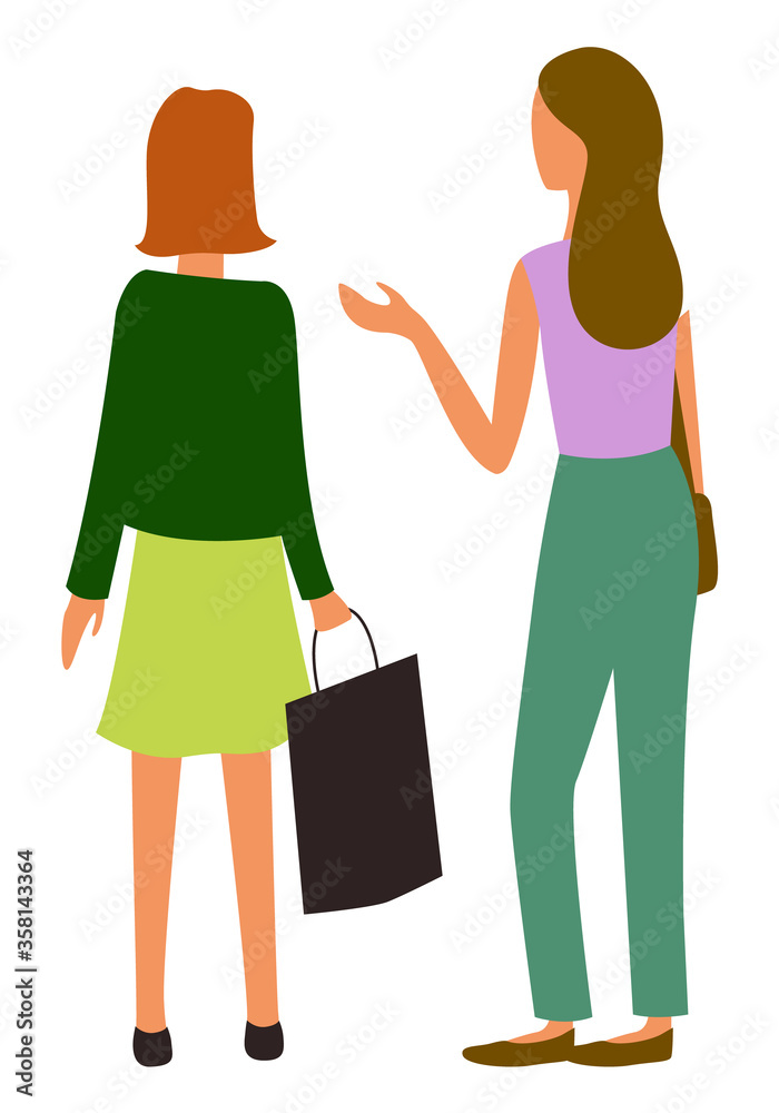 Woman walking together, back view isolated cartoon people. Vector female friends at marketplace, talking girls discussing sales and shopping, flat style Woman walking together, back view isolated cartoon people. Vector female friends at marketplace, talking girls discussing sales and shopping, flat style