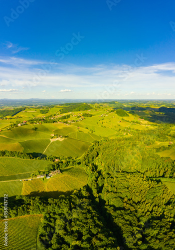 South styria vineyards aerial panorama landscape. Grape hills view from wine street in summer. photo