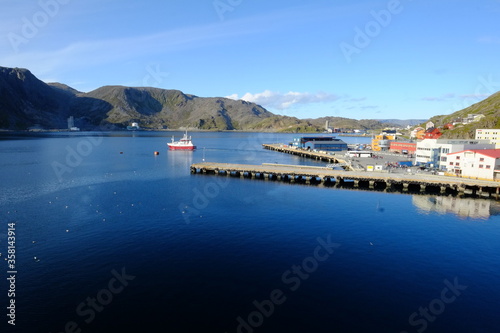 In the harbour of Honningsvag in Norway. A sunny day in the north in a polar aera. 