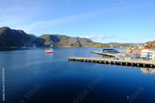 In the harbour of Honningsvag in Norway. A sunny day in the north in a polar aera. 