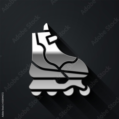 Silver Roller skate icon isolated on black background. Long shadow style. Vector Illustration