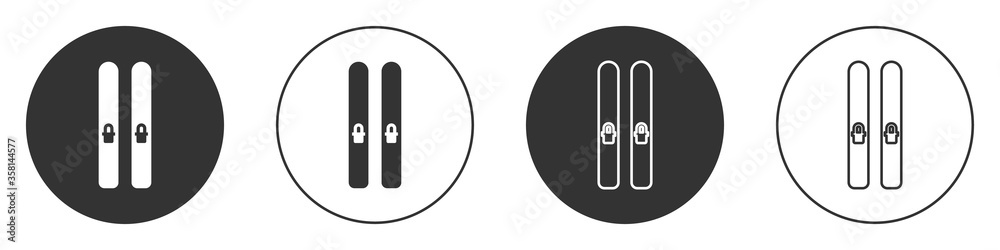 Black Ski and sticks icon isolated on white background. Extreme sport. Skiing equipment. Winter sports icon. Circle button. Vector Illustration Black Ski and sticks icon isolated on white background. Extreme sport. Skiing equipment. Winter sports icon. Circle button. Vector Illustration
