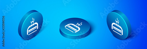 Isometric Ski lift icon isolated on blue background. Blue circle button. Vector Illustration