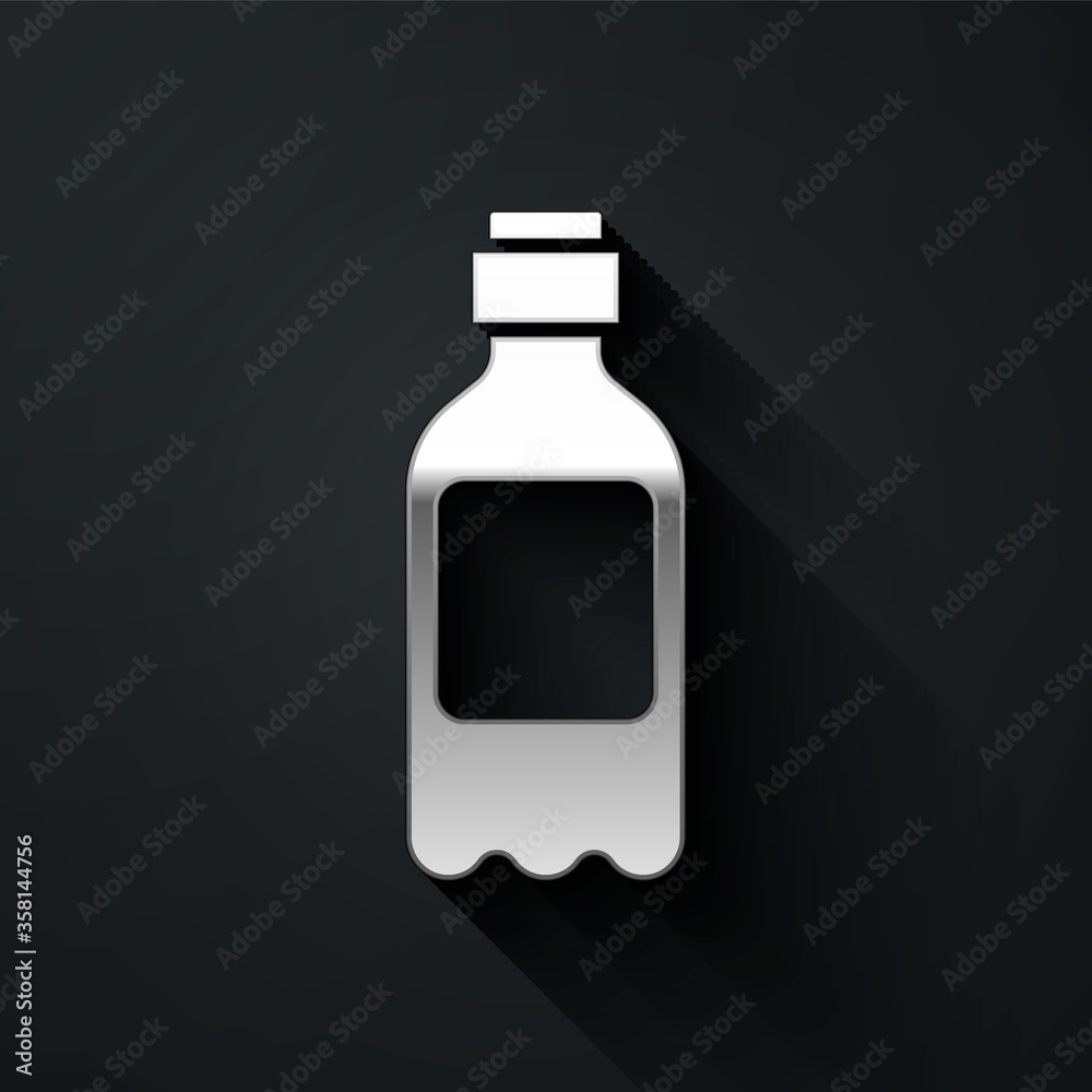 Silver Bottle of water icon isolated on black background. Soda aqua drink sign. Long shadow style. Vector Illustration