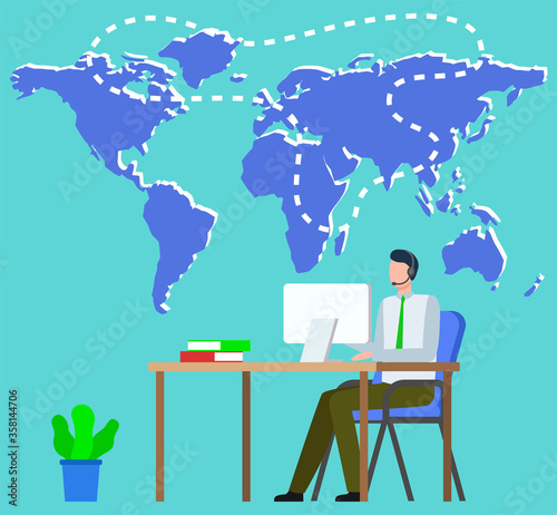 Man working with international partners vector, worldwide companies and relations. Freelance worker with laptop, map of world with location and zone in line. Office with houseplant decor of workplace © robu_s