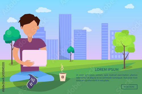 Free Wi-fi zone in city park on background of skyscrapers web banner. Man using modern computer technologies, internet addiction concept, add text