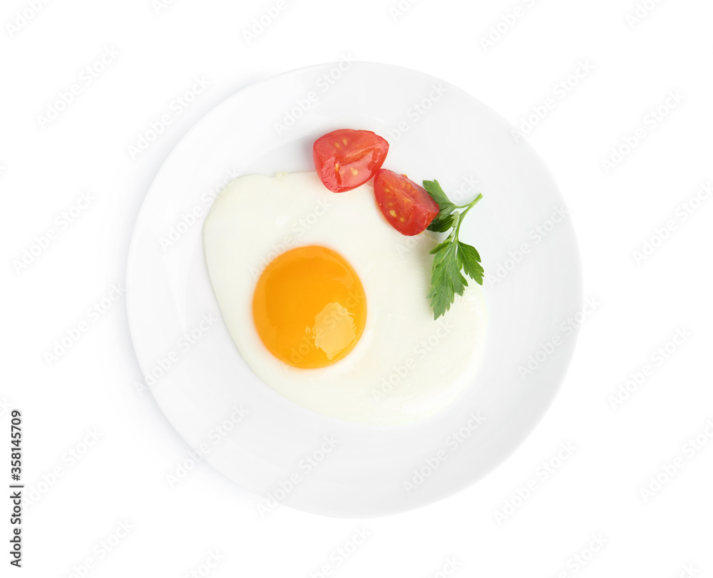 Tasty fried egg with parsley and tomato isolated on white, top view Tasty fried egg with parsley and tomato isolated on white, top view