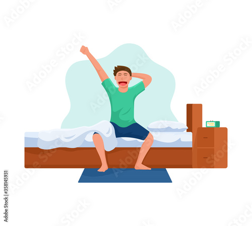 Young man character wakes after sleep up in home, is going to work. Start of good day, human activity. Man sitting on the edge of the bed, pulling his hands up. Illustration isolated in cartoon style