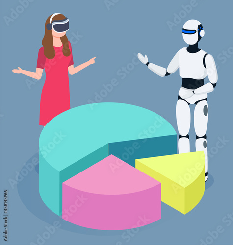 Artificial and human intellect dealing with data analysis. Isolated woman wearing virtual reality glasses and robot looking and diagram with segments. Automated process at work, vector in 3d style