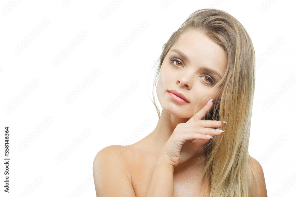Portrait of young attractive woman with closed eyes over white background. Portrait of young attractive woman with closed eyes over white background.