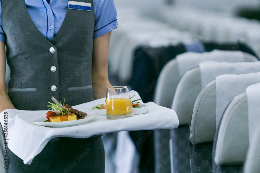Fototapeta premium Mid section view of an air hostess carrying a tray of food