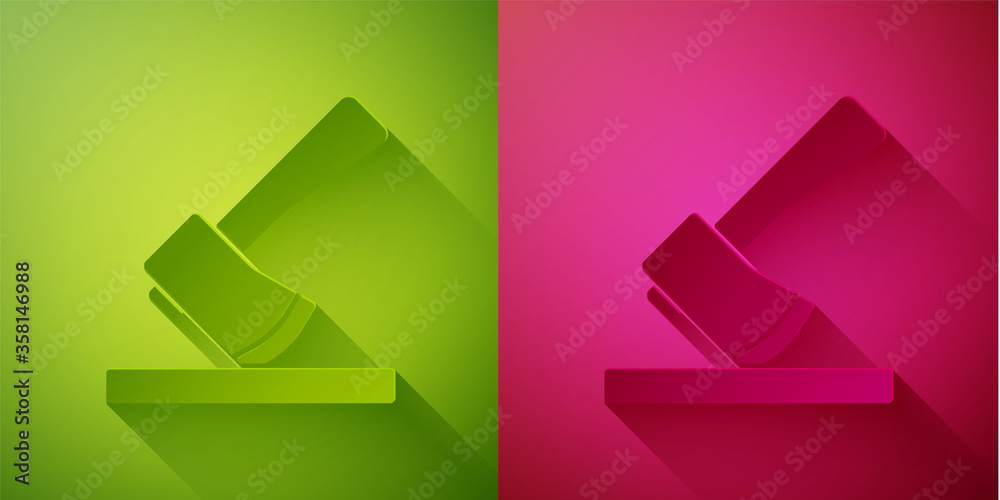 Paper cut Wooden axe icon isolated on green and pink background. Lumberjack axe. Paper art style. Vector Illustration Paper cut Wooden axe icon isolated on green and pink background. Lumberjack axe. Paper art style. Vector Illustration