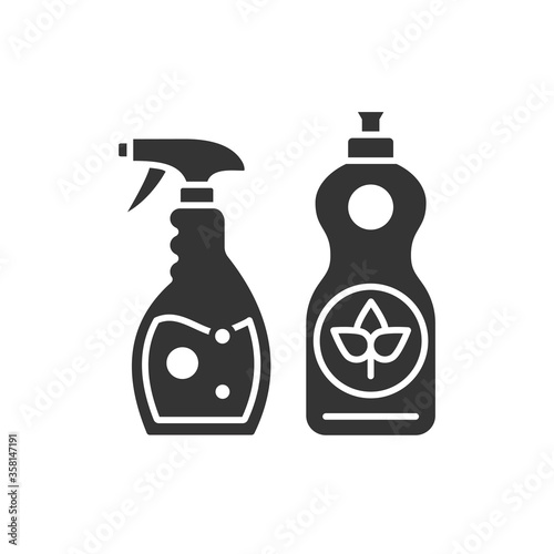 Eco spray and detergent glyph black icon. Cleaning products for bathroom, kitchen. Zero waste lifestyle. Eco friendly. Organic natural cleaners. Chemicals free