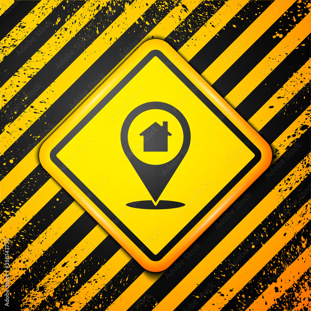 Black Map pointer with house icon isolated on yellow background. Home location marker symbol. Warning sign. Vector Illustration Black Map pointer with house icon isolated on yellow background. Home location marker symbol. Warning sign. Vector Illustration