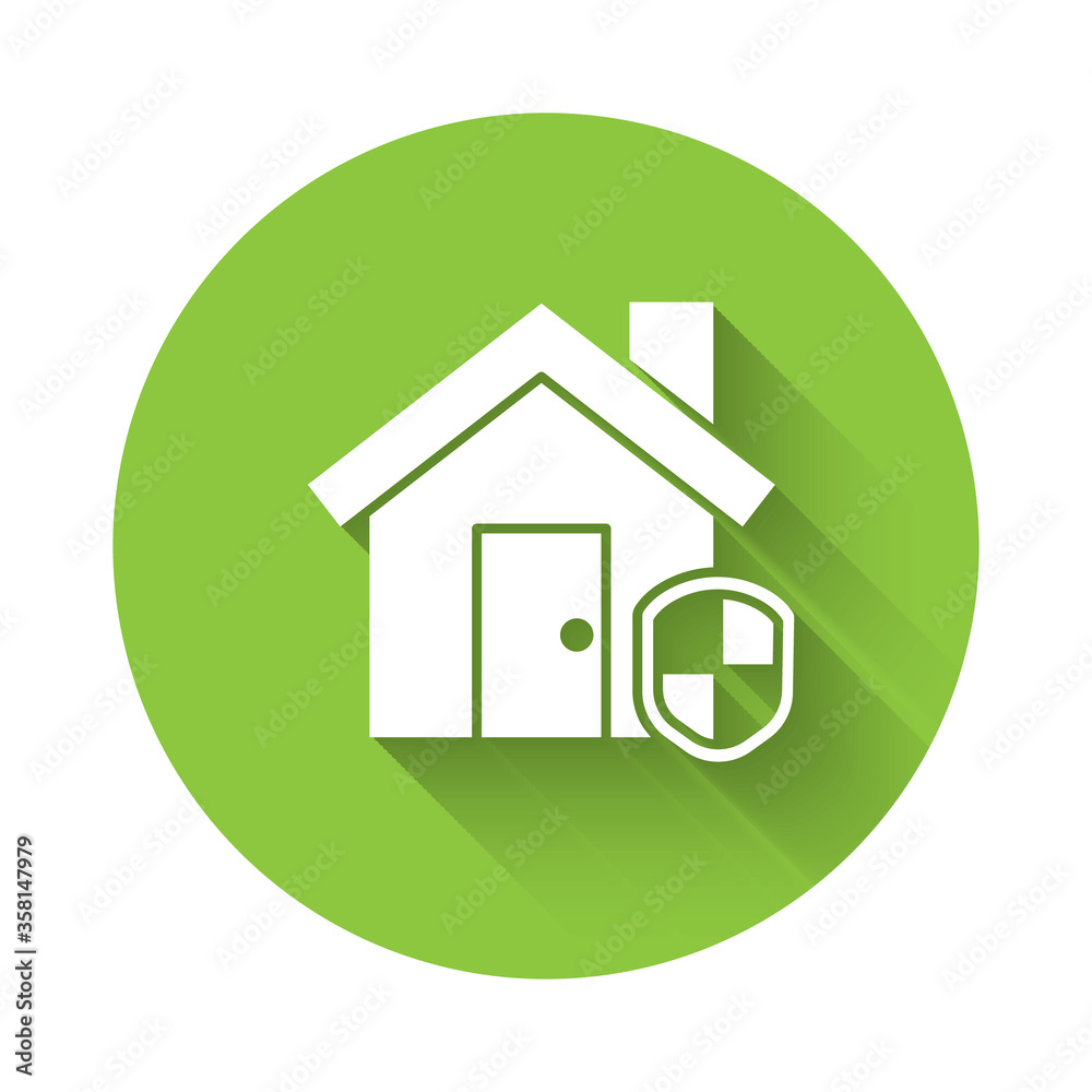 White House under protection icon isolated with long shadow. Home and shield. Protection, safety, security, protect, defense concept. Green circle button. Vector Illustration White House under protection icon isolated with long shadow. Home and shield. Protection, safety, security, protect, defense concept. Green circle button. Vector Illustration