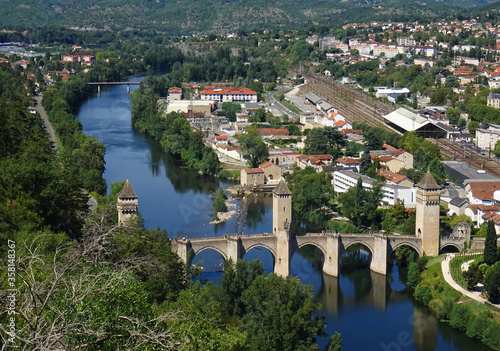 View from the hill of the Lot River and the Gothic Valentre Bridge (14th century) . City of Cahors. France. 
