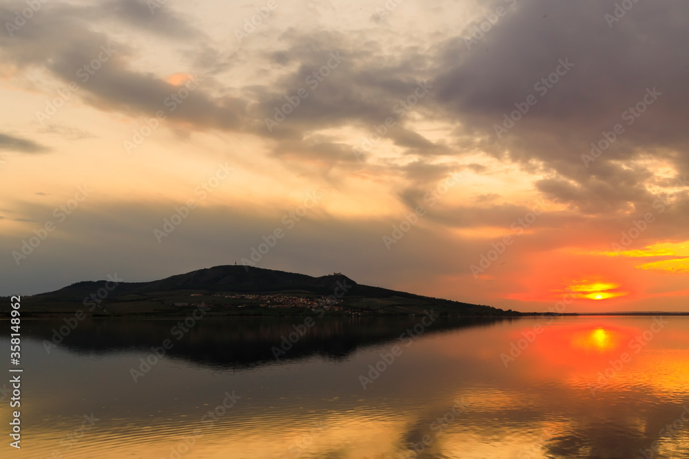 Fototapeta premium Sunset over Nove Mlyny lake in Palava region, Southern Moravia, Czech Republic