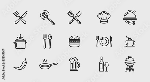 Food and restaurant outline icons set. Set of 15 food icons isolated on white background. Set includes restaurant utensils, chef hat, drinks, ibbq grill. Icons for food business. Vector illustration