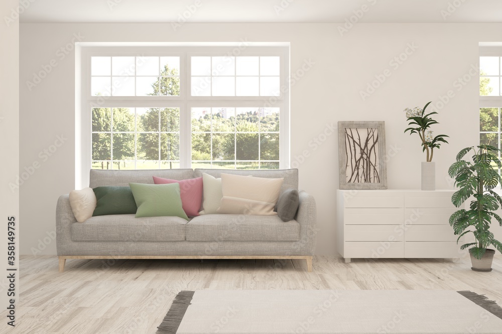 White living room with sofa and summer landscape in window. Scandinavian interior design. 3D illustration White living room with sofa and summer landscape in window. Scandinavian interior design. 3D illustration