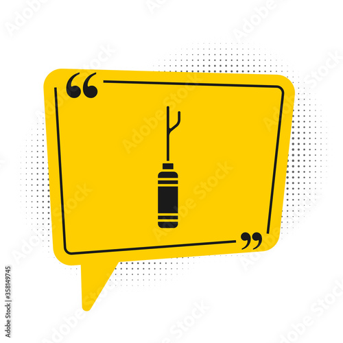 Black Awl tool with wooden handle icon isolated on white background. Work equipment tailor industry. Yellow speech bubble symbol. Vector Illustration