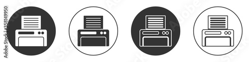 Black Printer icon isolated on white background. Circle button. Vector Illustration