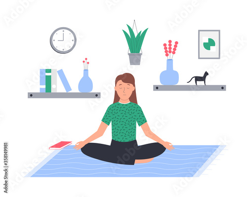 Meditating woman with closed eyes isolated on white. Young girl sitting in lotus position at home vector flat illustration.