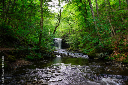 Fotografia Beautiful waterfall along a hiking path in Rickett's Glen State Park in Pennsylvania
