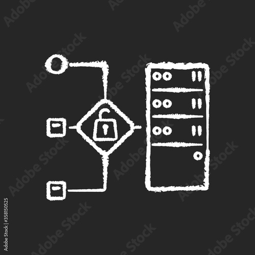 Open proxy chalk white icon on black background. Public VPS service, internet accessibility, virtual network. Forward proxy server available for all users. Isolated vector chalkboard illustration