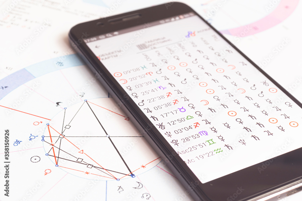 The desktop of an astrologer. Gadgets help the modern Oracle to make calculations. The magical mysterious atmosphere of the working environment of the predictor of the future. The desktop of an astrologer. Gadgets help the modern Oracle to make calculations. The magical mysterious atmosphere of the working environment of the predictor of the future.