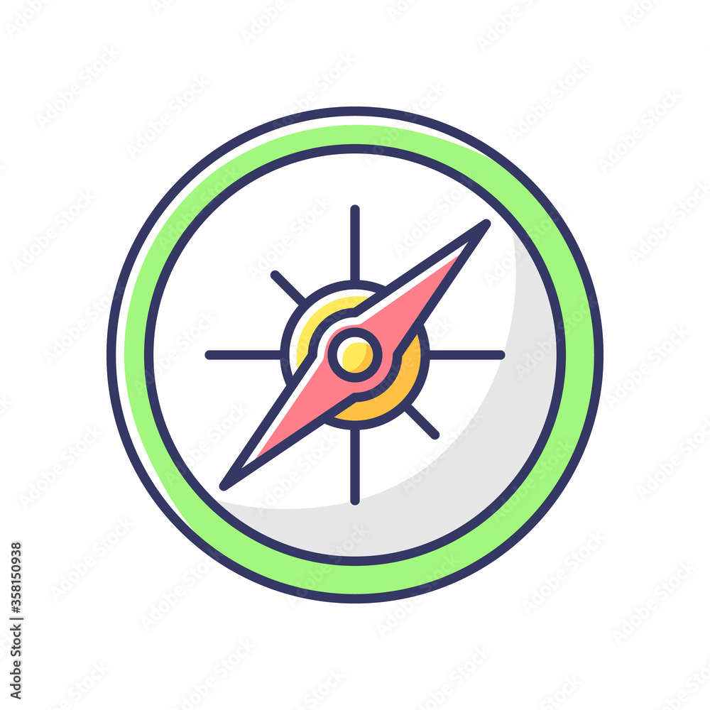 Compass RGB color icon. Marine and land navigation, direction guide tool. Traveler instrument with cardinal points and magnetic arrow isolated vector illustration