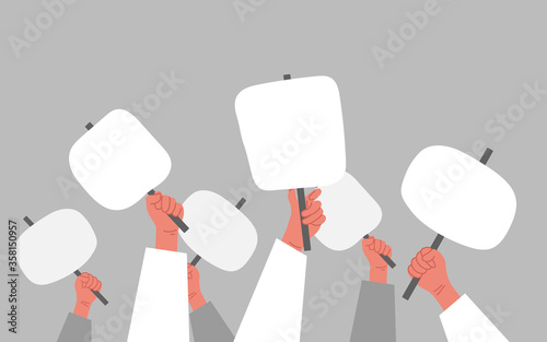 People hands holding banner and placards on protest demonstration or picket on parade, political meeting or rally.Themed vector illustration.