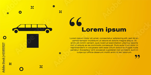 Black Luxury limousine car and carpet icon isolated on yellow background. For world premiere celebrities and guests poster. Vector Illustration