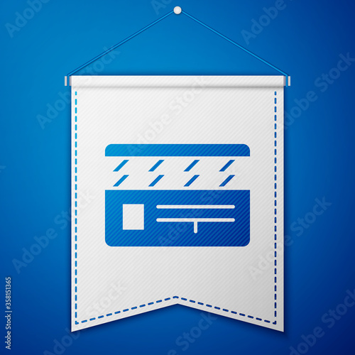 Blue Movie clapper icon isolated on blue background. Film clapper board. Clapperboard sign. Cinema production or media industry. White pennant template. Vector Illustration