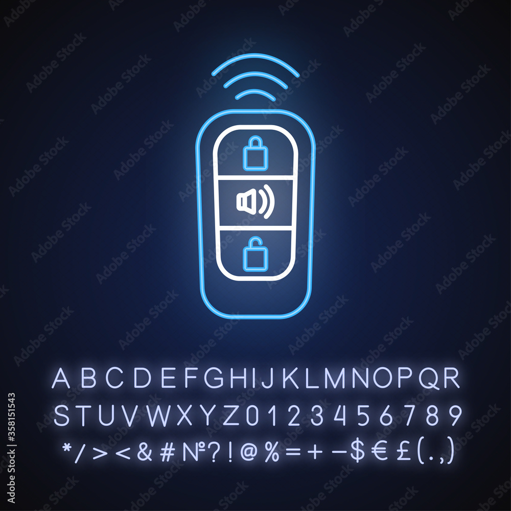 Keyless entry neon light icon. Automobile protection, modern technology. Outer glowing effect. Sign with alphabet, numbers and symbols. Wireless car key vector isolated RGB color illustration Keyless entry neon light icon. Automobile protection, modern technology. Outer glowing effect. Sign with alphabet, numbers and symbols. Wireless car key vector isolated RGB color illustration