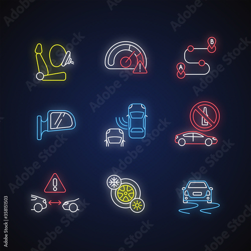 Safe driving neon light icons set. Car travel risks warning, driver precautions signs with outer glowing effect. Traffic regulations and security measures. Vector isolated RGB color illustrations