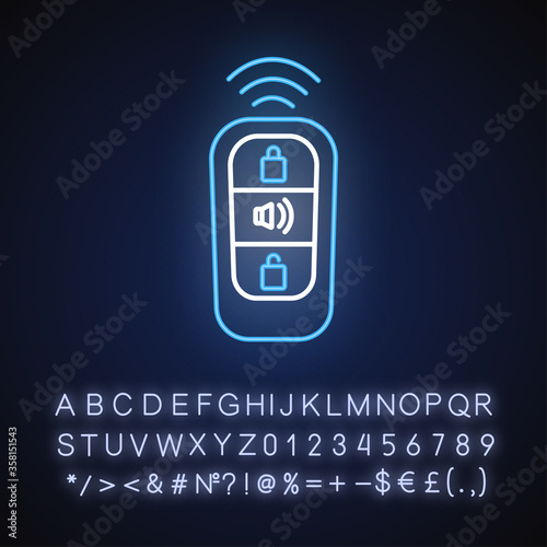 Keyless entry neon light icon. Automobile protection, modern technology. Outer glowing effect. Sign with alphabet, numbers and symbols. Wireless car key vector isolated RGB color illustration