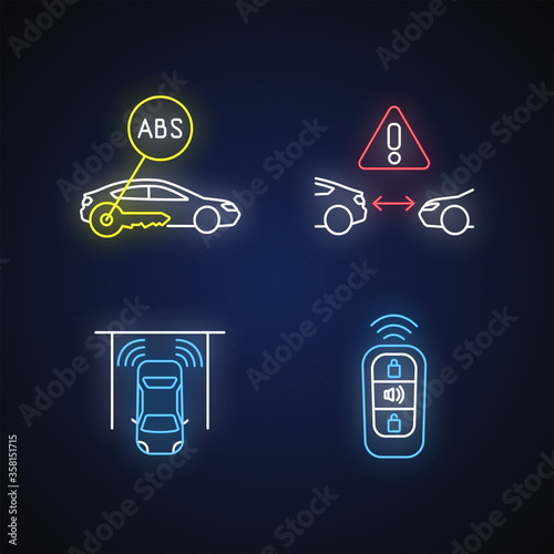 Smart driving safety systems neon light icons set. Signs with outer glowing effect. Anti lock system, cruise control, parking sensor, keyless entry. Vector isolated RGB color illustrations