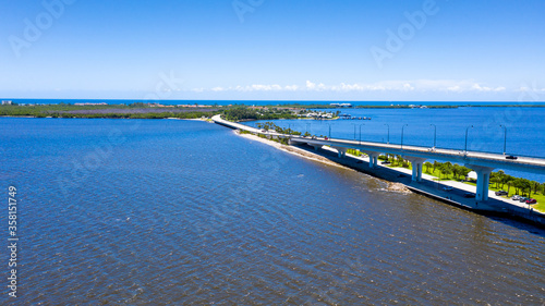 Aerial view of the ocean over intercoastal waterway Jensen Beach Florida