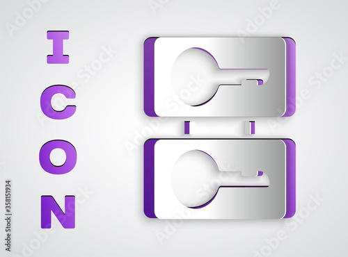 Paper cut Metal mold plates for casting keys icon isolated on grey background. Set for mass production and forgery of the keys. Paper art style. Vector Illustration