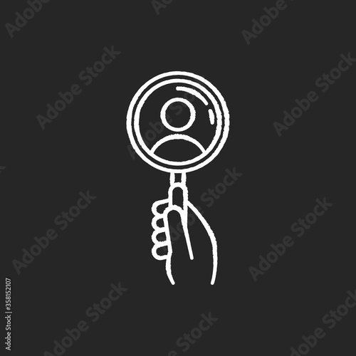 Recruitment chalk white icon on black background. Search for employee. Human resources management. Look for candidate to hire for corporate position. Isolated vector chalkboard illustration
